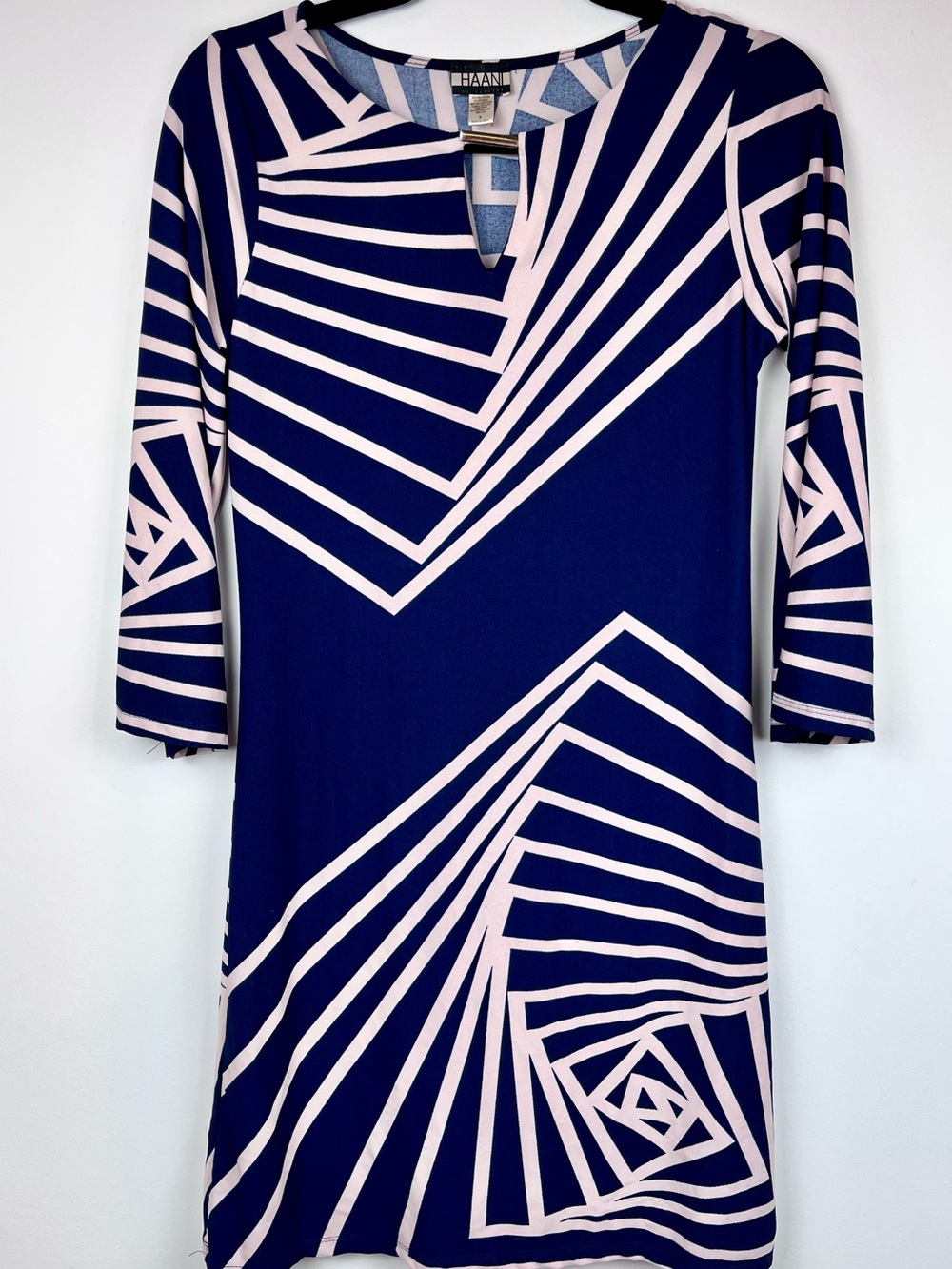 Haani Geometric Print Shift Dress Navy Blue Pink 3/4 Sleeve Size M